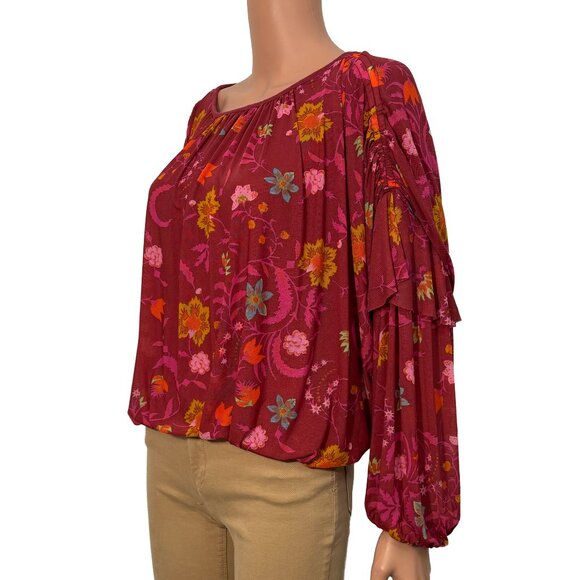 Free People Wild Flower Honey Blouson Floral Peasant Top Red Berry Women’s Small - Picture 5 of 13